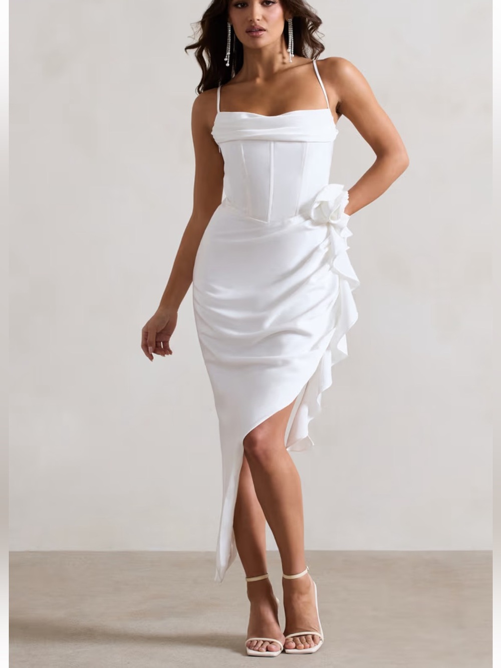 Club L London On The List White Asymmetrical Corset Midi Dress Floral Drape $145